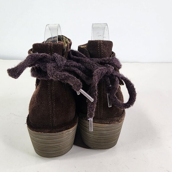 FLY London Yebi Espresso Suede Ruched Ankle Boots with Tie EU 40 US 10 Wedge - Picture 9 of 15